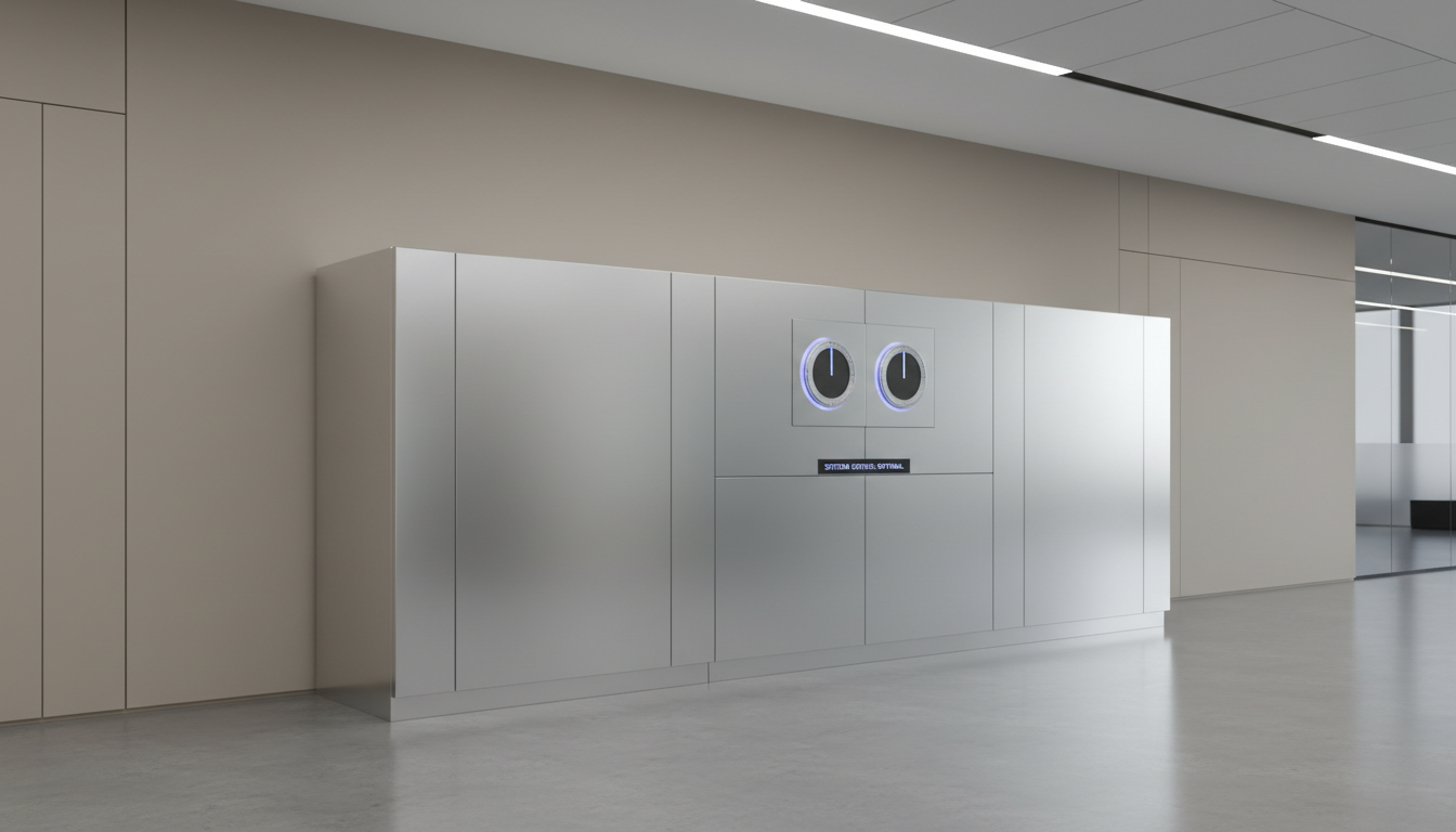 A sleek, perfectly maintained HVAC unit with brushed steel panels and clear control dials, set neatly against a clean, neutral-toned wall. The environment is a modern, well-lit commercial facility with polished concrete floors and subtle architectural lines, creating a sense of order and professionalism. Soft, diffused overhead lighting illuminates the scene, highlighting the immaculate surfaces and casting faint, gentle shadows beneath the unit. The mood is calm, precise, and highly professional, with a structured composition centered slightly off-axis for depth. The image style is photographic realism with a clean, modern, and corporate aesthetic, embodying expertise and reliability in commercial building services.